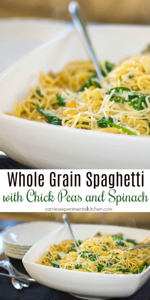Whole Grain Spaghetti with Sauteéd Chick Peas and Spinach tossed with extra virgin olive oil and garlic; then topped with shredded Asiago cheese.