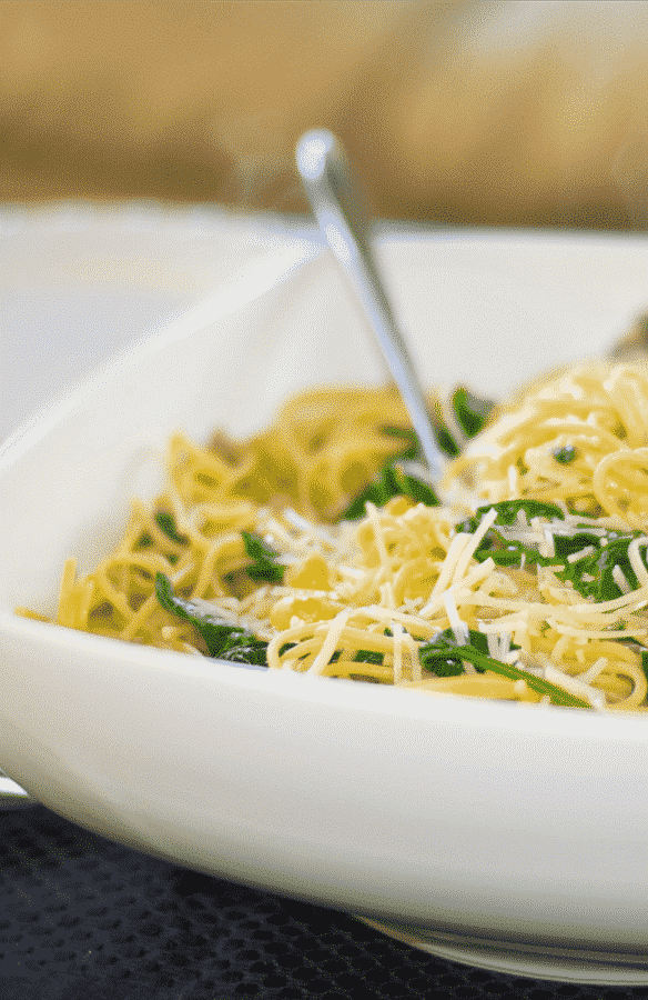 A plate of Whole Grain Spaghetti with Sauteed Chick Peas and Spinach 