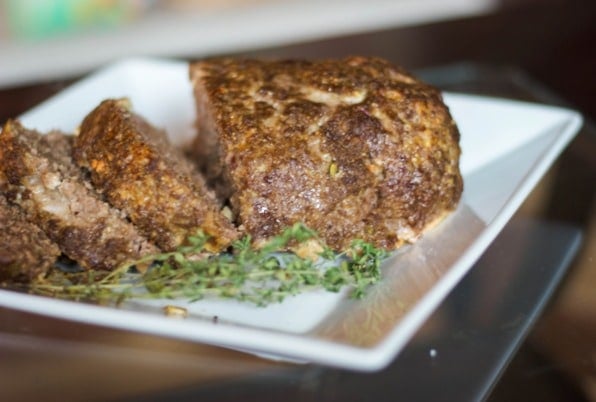 Balsamic Meatloaf on a white plate. 