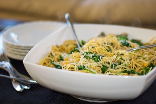 Whole Grain Spaghetti with Chick Peas and Spinach