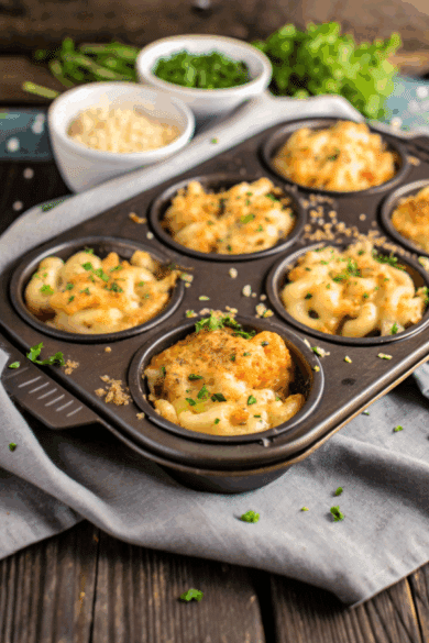 mac and cheese poppers in a muffin pan