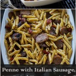 A bowl of pasta with many different types of food on a plate, with Sausage and Penne
