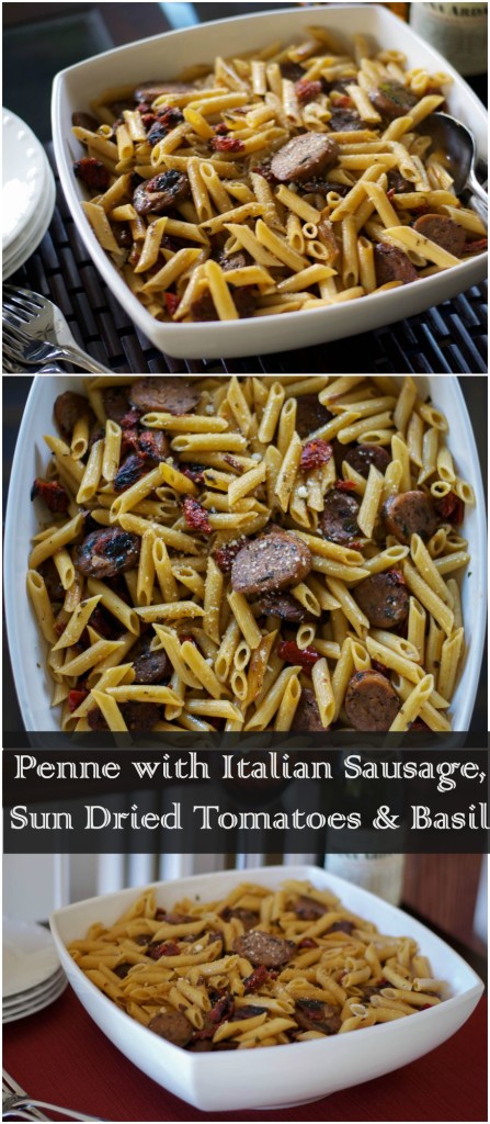 A bowl of pasta with many different types of food on a plate, with Sausage and Penne