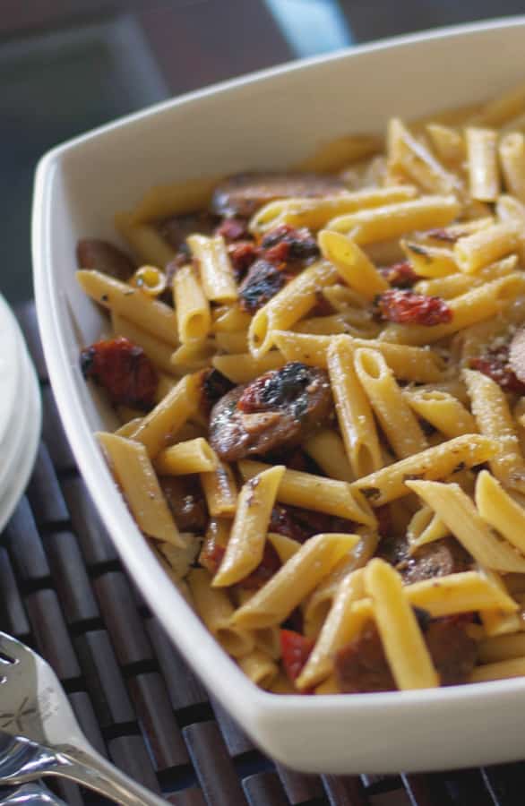 Penne Pasta with Italian Sausage, Sun Dried Tomatoes and Basil