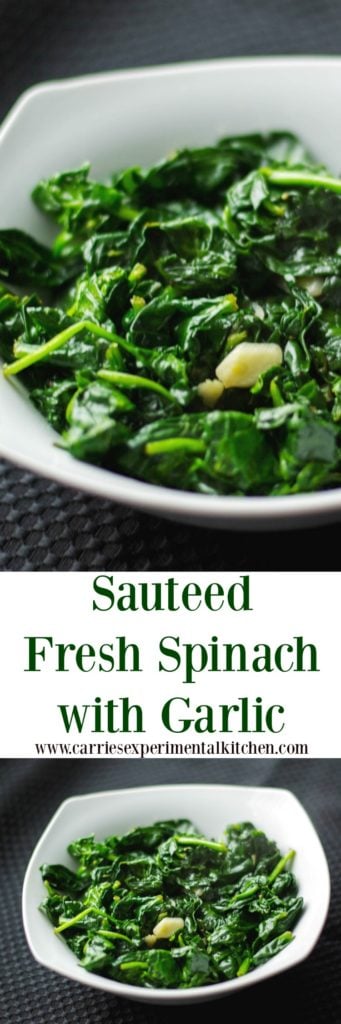  Fresh baby spinach sautéed with extra virgin olive oil and garlic; then lightly seasoned with salt and pepper. 