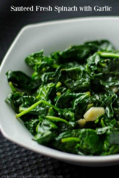 Fresh baby spinach sautéed with extra virgin olive oil and garlic; then lightly seasoned with salt and pepper.