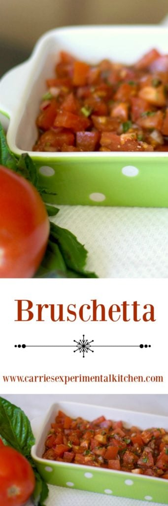  Bruschetta made with fresh garden tomatoes, basil, onion, garlic and cheese in a balsamic vinaigrette.