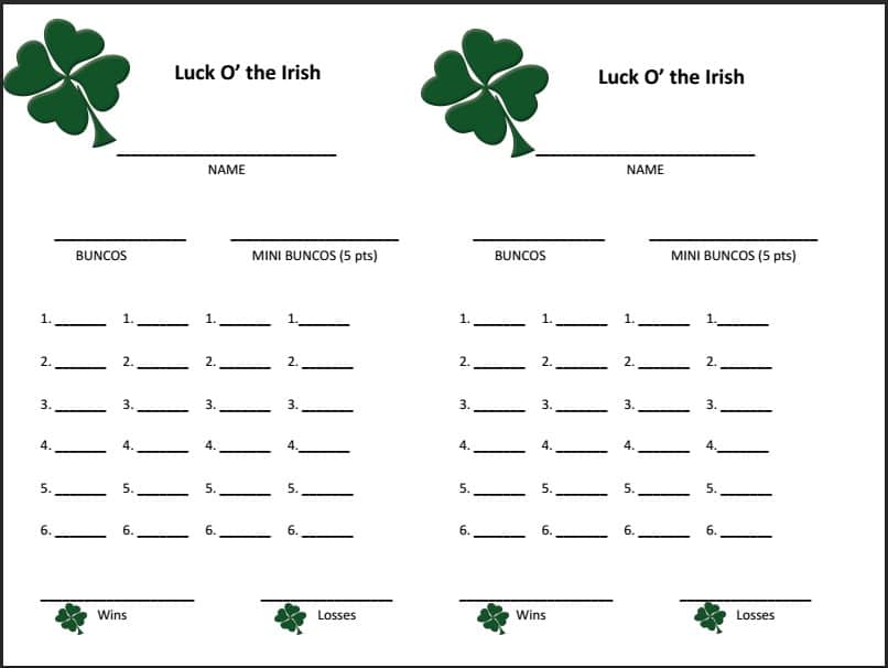 Irish Bunco Score Sheets (Carrie's Experimental Kitchen)