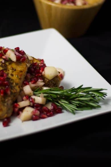 A plate of food on a table, with Pork and Salsa