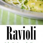 Ravioli with Spinach Pesto: Tender ravioli topped with pesto made from fresh baby spinach, garlic, pine nuts and Asiago cheese.