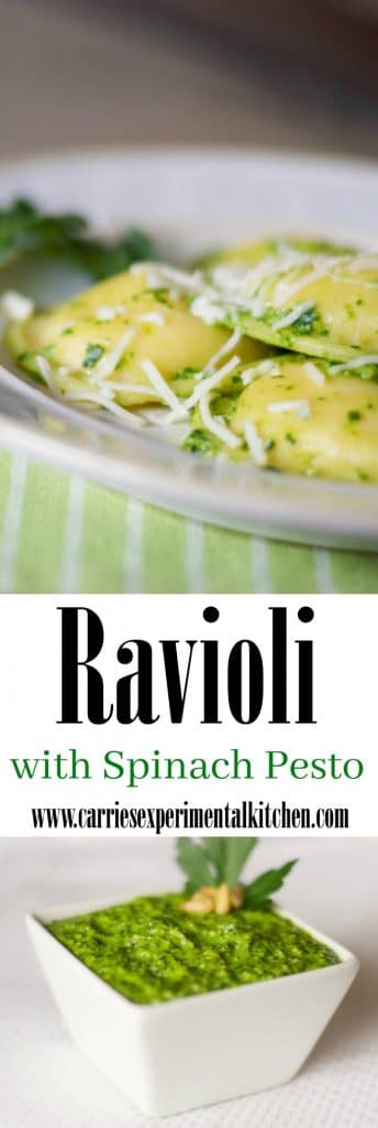 Ravioli with Spinach Pesto: Tender ravioli topped with pesto made from fresh baby spinach, garlic, pine nuts and Asiago cheese.