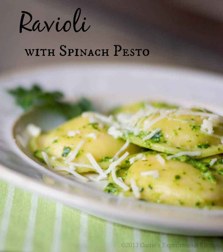 Ravioli with Spinach Pesto: Tender ravioli topped with pesto made from fresh baby spinach, garlic, pine nuts and Asiago cheese.
