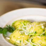 Cheese ravioli topped with pesto made from fresh baby spinach, garlic, pine nuts and Asiago cheese.