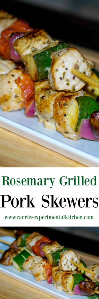Rosemary Grilled Pork Skewers made with boneless center cut pork marinated in fresh lemon juice, garlic, and rosemary; then skewered with fresh garden vegetables and grilled to perfection. 