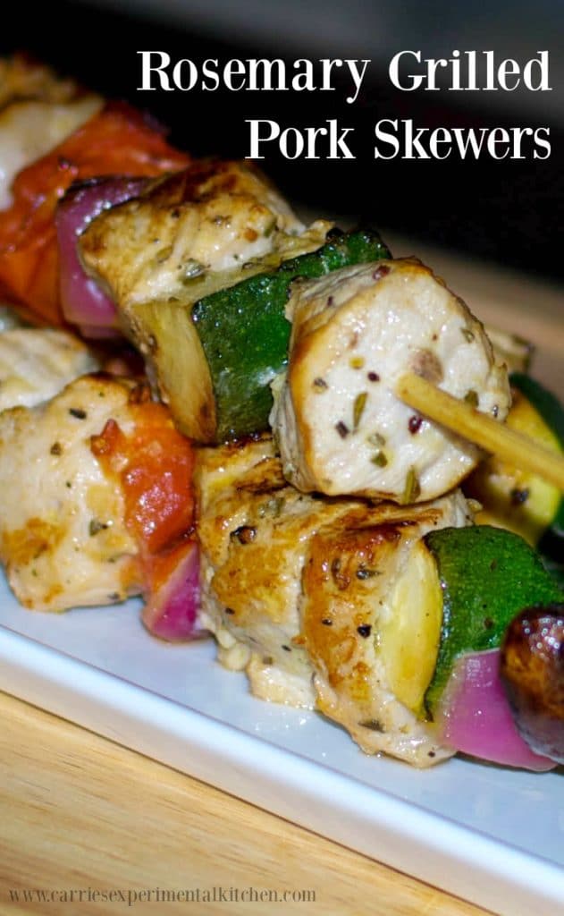  Rosemary Grilled Pork Skewers made with boneless center cut pork marinated in fresh lemon juice, garlic, and rosemary; then skewered with fresh garden vegetables and grilled to perfection. 