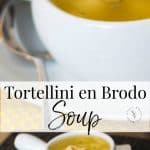 A close up of Tortellini en Brodo Soup in a cup