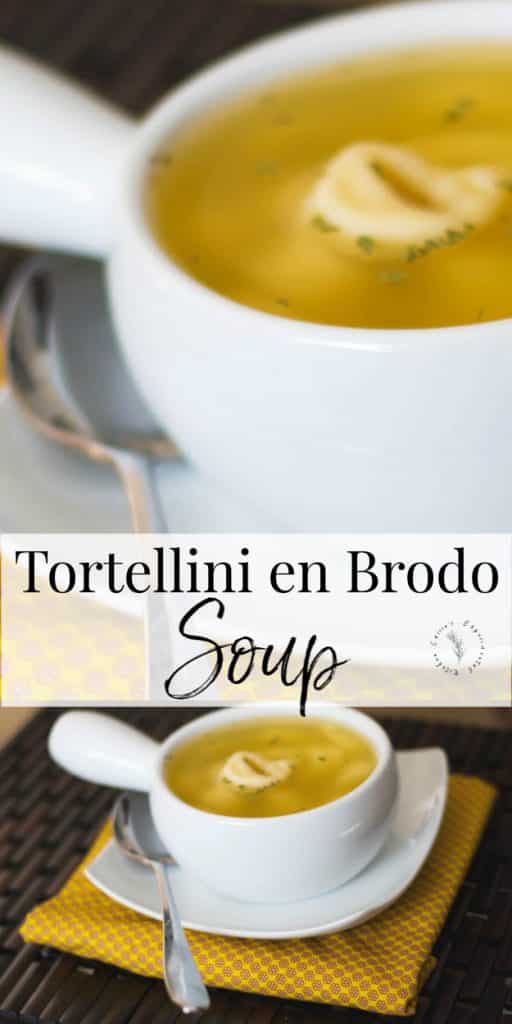 A close up of Tortellini en Brodo Soup in a cup