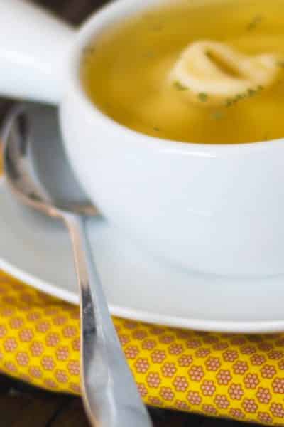 A close up of Tortellini en Brodo Soup