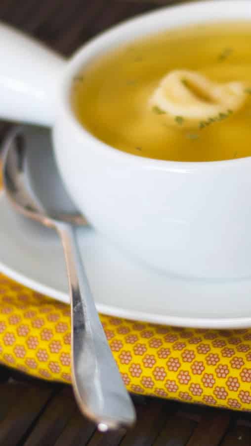 A close up of Tortellini en Brodo Soup