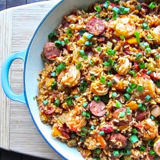 jambalaya in a blue dutch oven