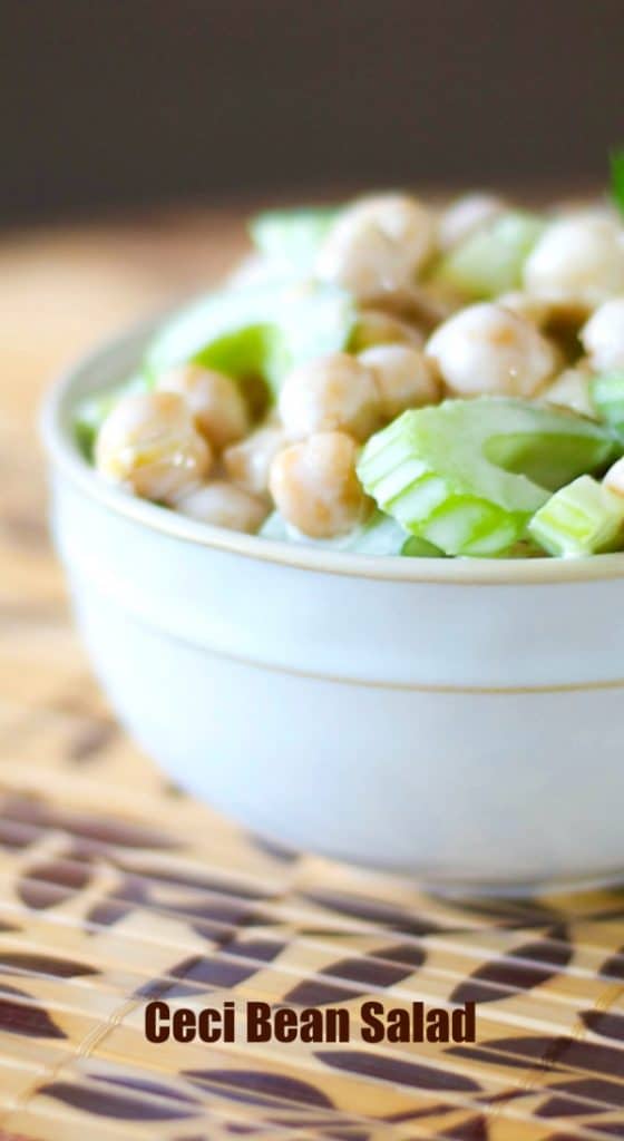 This Ceci Bean Salad made with chick peas and celery in a mayonnaise based dressing is simple to prepare and makes a tasty side picnic salad. 