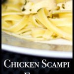 A close up of Chicken Scampi over Fettuccine on a white plate