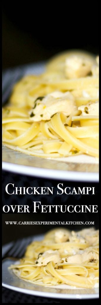 A close up of Chicken Scampi over Fettuccine on a white plate