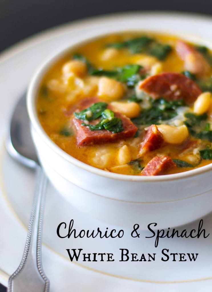 Chourico and Spinach White Bean stew has a slight smoky flavor and is made with fresh spinach, garlic and Cannellini beans.