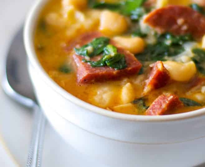 Chourico and Spinach White Bean stew has a slight smoky flavor and is made with fresh spinach, garlic and Cannellini beans.
