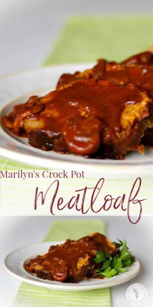 Crock Pot Meatloaf made with lean ground beef, mushrooms and spices in at tomato based sauce.