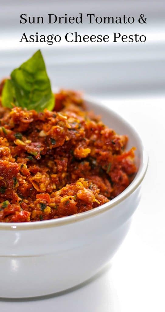 Sun dried tomato pesto close up in a bowl.