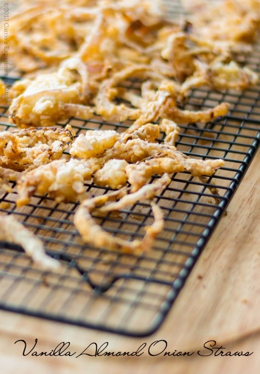 Top your favorite steak or hamburger with these crunchy Vanilla Almond Onion Straws made with vanilla almond milk and red onions.