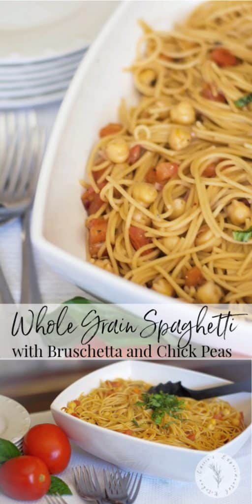 Whole grain spaghetti tossed with homemade tomato bruschetta, chick peas and grated Pecorino Romano cheese is a tasty, quick weeknight dinner. 