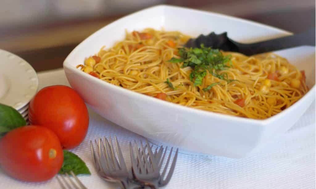 Whole Grain Spaghetti with Bruschetta and Chick Peas