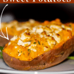 twice baked sweet potato with feta and oregano on a plate