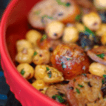 Greek Style Sausage and Chick Peas made with Italian sausage, chickpeas, Kalamata olives, garlic, and lemon.