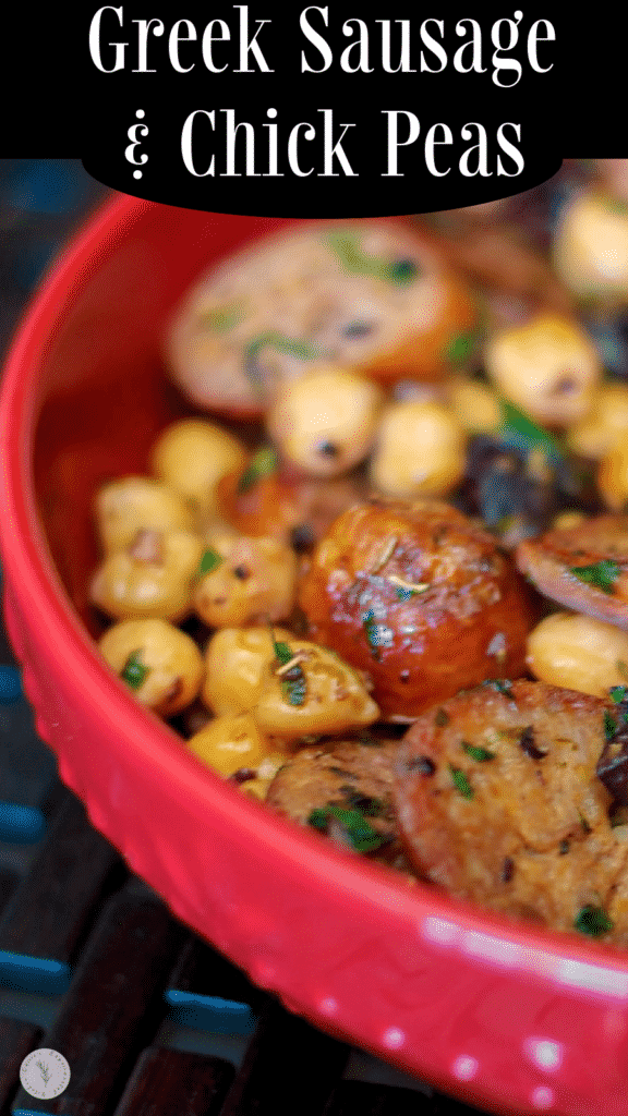 Greek Style Sausage and Chick Peas made with Italian sausage, chickpeas, Kalamata olives, garlic, and lemon.