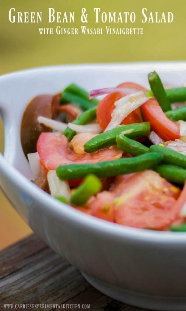 A bowl of Green Bean and Tomato Salad with Ginger Wasabi Vinaigrette
