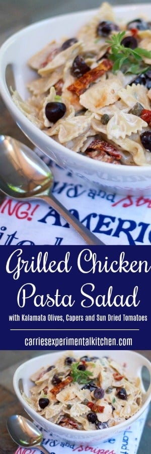 Grilled Chicken Pasta Salad with Kalamata Olives, Capers and Sun Dried Tomatoes. #salads #chicken #pasta