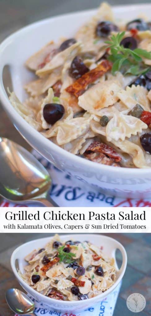 Grilled Chicken Pasta Salad with Kalamata Olives, Capers and Sun Dried Tomatoes.