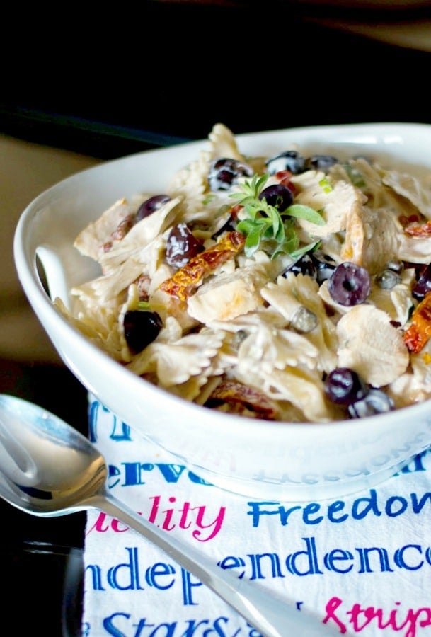 Grilled Chicken Pasta Salad with Kalamata Olives, Capers and Sun Dried Tomatoes.