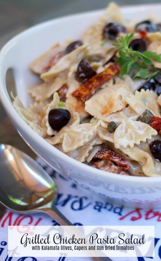 Grilled Chicken Pasta Salad with Kalamata Olives, Capers and Sun Dried Tomatoes.