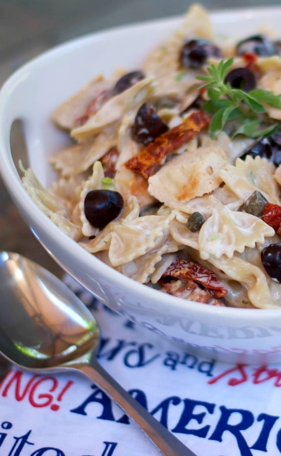 Hellmann's mayonnaise makes every salad taste better like this delicious Grilled Chicken Pasta Salad with Kalamata Olives, Capers and Sun Dried Tomatoes. 