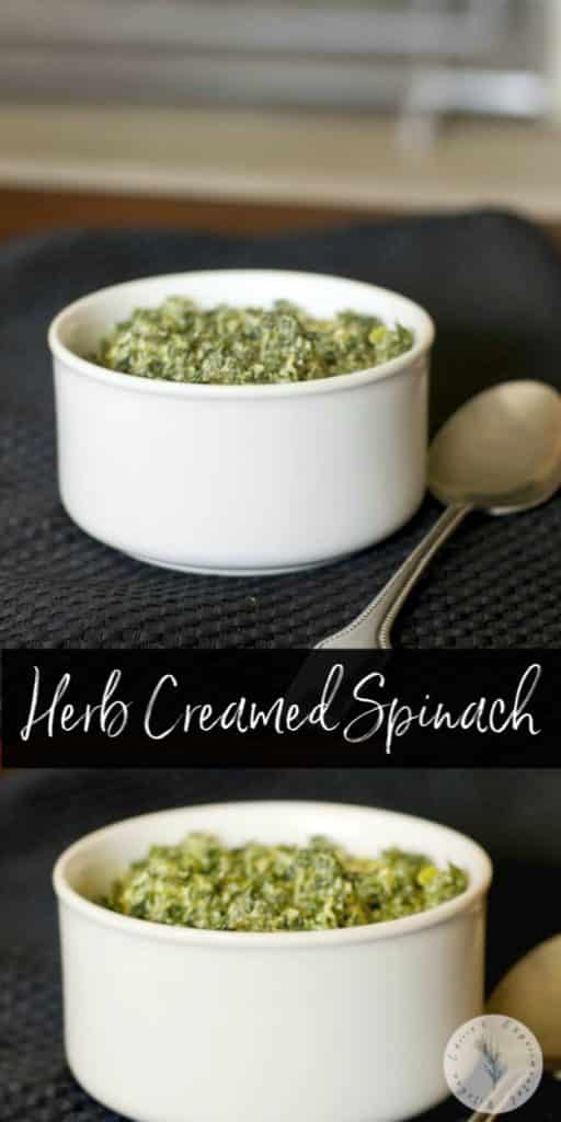 A bowl of Herb Creamed Spinach with a spoon