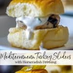 Mediterranean Turkey Sliders made with lean ground turkey, Kalamata olives, Feta cheese, and oregano on top of a sweet slider bun.
