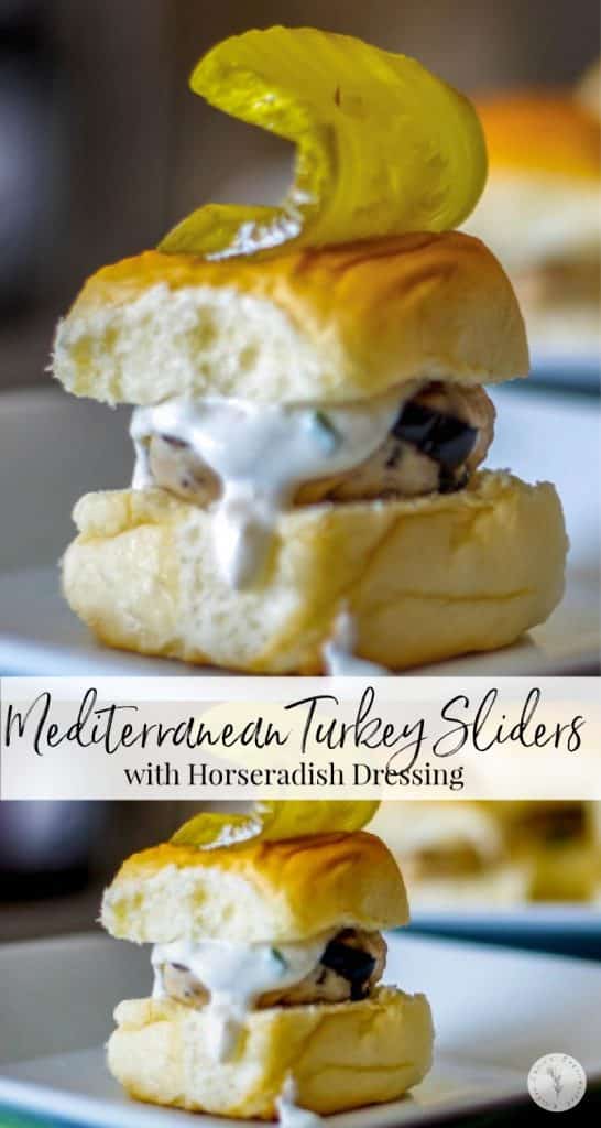 Mediterranean Turkey Sliders made with lean ground turkey, Kalamata olives, Feta cheese, and oregano on top of a sweet slider bun.