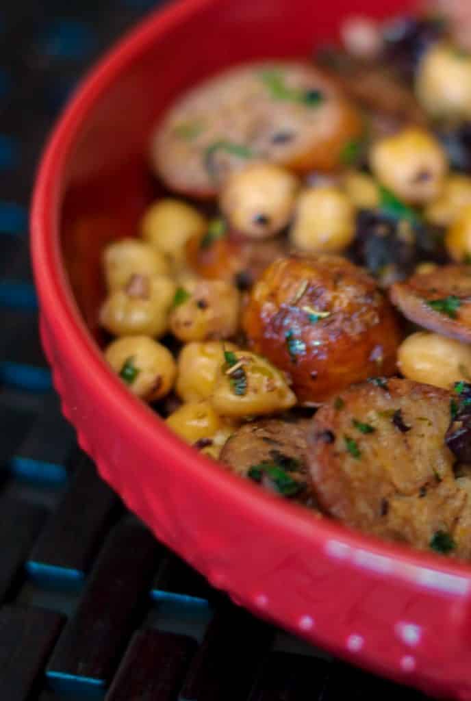  Greek Style Sausage & Chick Peas made with Italian sausage,  chickpeas, Kalamata olives, garlic, and lemon.