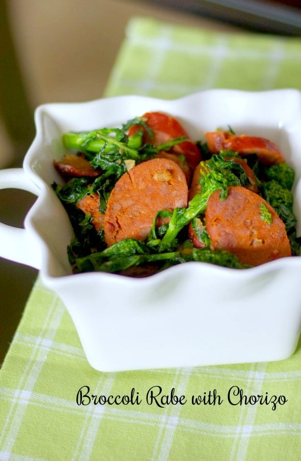Broccoli Rabe, otherwise known as rapini, sautéed with Portuguese chorizo, garlic and Extra Virgin Olive Oil makes a tasty side dish or main meal. 