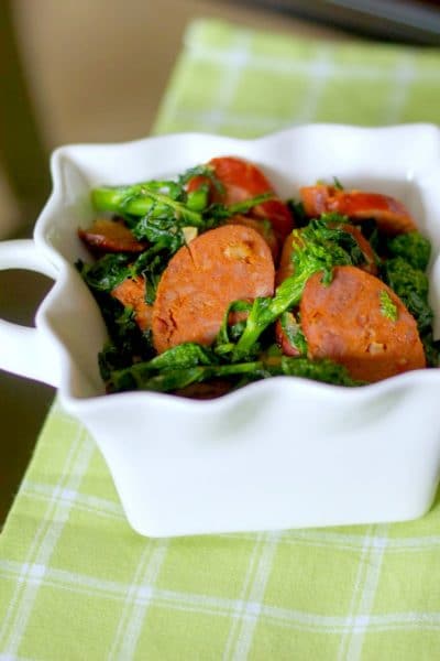 Broccoli Rabe, otherwise known as rapini, sautéed with Portuguese chorizo, garlic and Extra Virgin Olive Oil makes a tasty side dish or main meal.