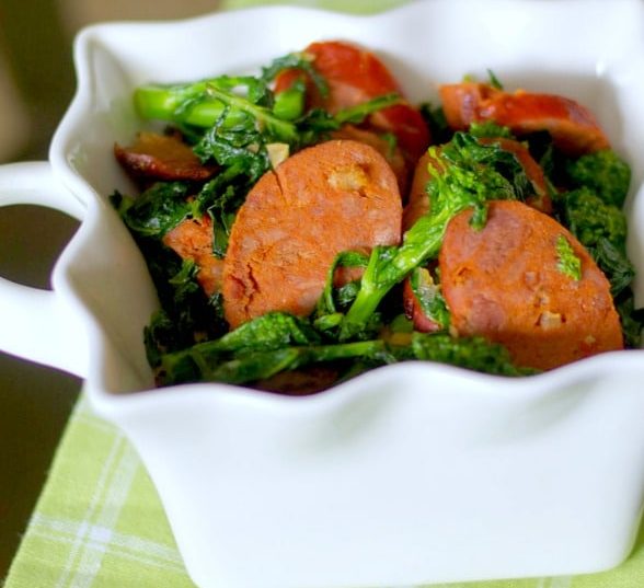 Broccoli Rabe, otherwise known as rapini, sautéed with Portuguese chorizo, garlic and Extra Virgin Olive Oil makes a tasty side dish or main meal.